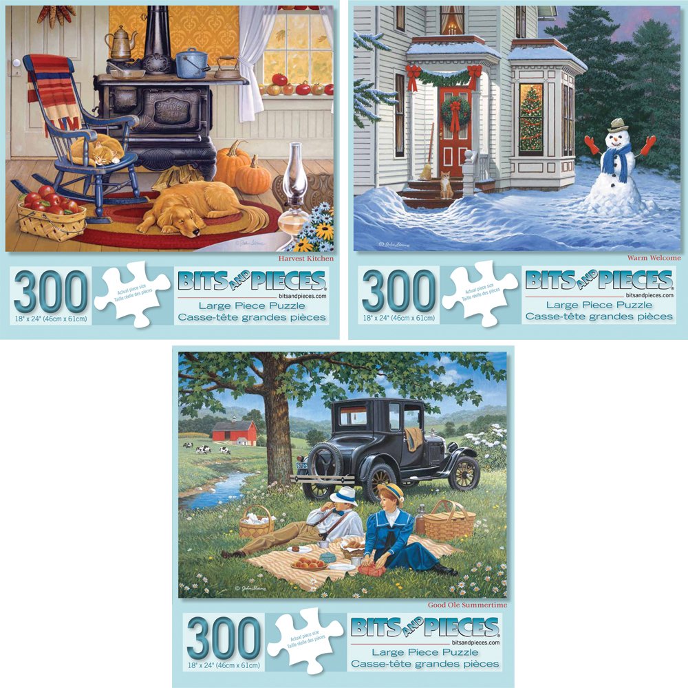 Bits and Pieces - Value Set of Three Large 300 Piece Jigsaw Puzzles for Adults - Seasons Themed Jigsaw Puzzles Designed by Artist John Sloane