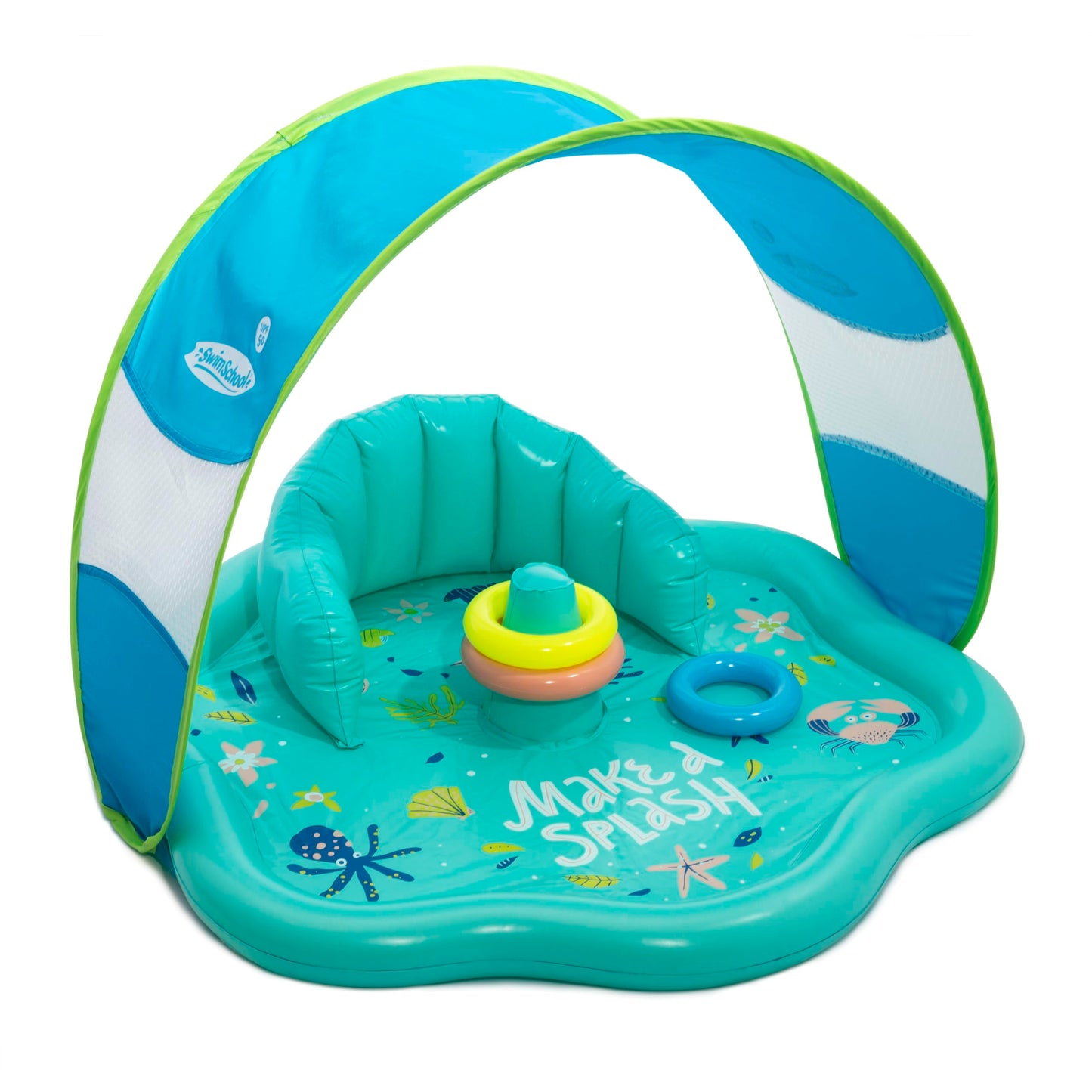 SwimSchool Baby Splash Play Mat with Adjustable Canopy - Inflatable Play Pool for Babies & Infants with Backrest - Includes Baby Water Toy Rings