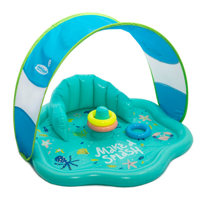 SwimSchool Baby Splash Play Mat with Adjustable Canopy - Inflatable Play Pool for Babies & Infants with Backrest - Includes Baby Water Toy Rings