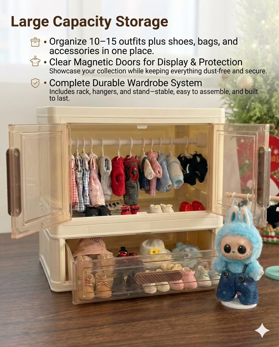 All in One Organize Kits Wardrobe Compatible with Labubu, Include Hangers,Clothes Rack &Stand, Display Case for Outfit Storage and Accessories Arts