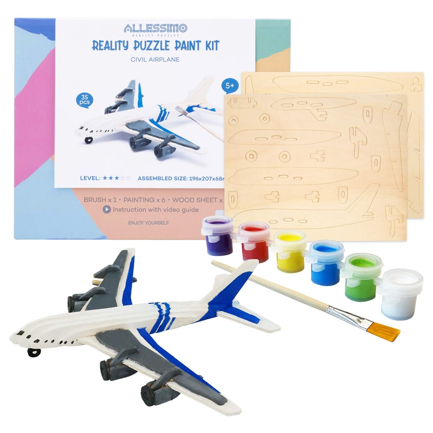 Allessimo 3D Paint Puzzle Creat (Civil Airplane - 35pcs) Model Paint Kit with Brush Toys for Kids Puzzle Build 3D Puzzles Educational Crafts Building