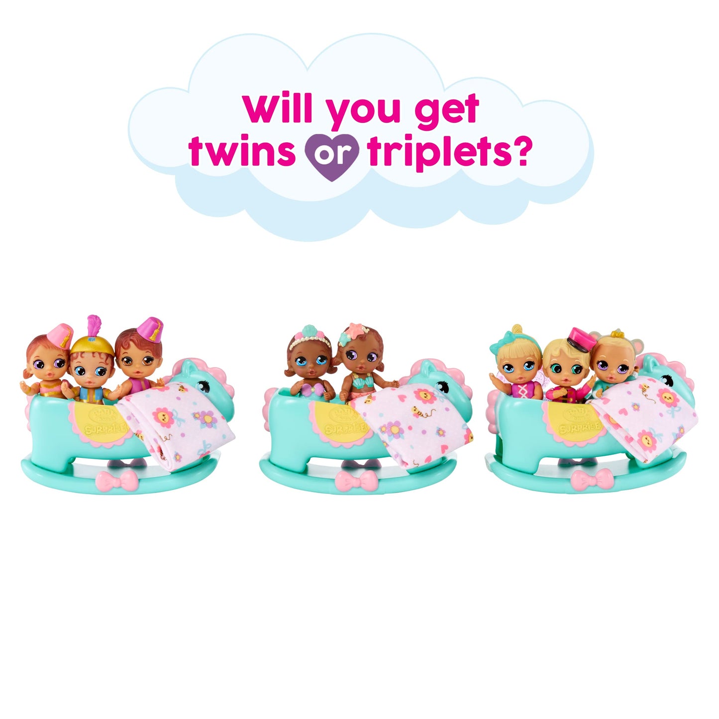 Baby Born Surprise Mini Babies 2.25" - Unwrap Surprise Twins or Triplets Collectible Baby Dolls with Soft Swaddle, Blanket, Rocking Horse, Age 3+