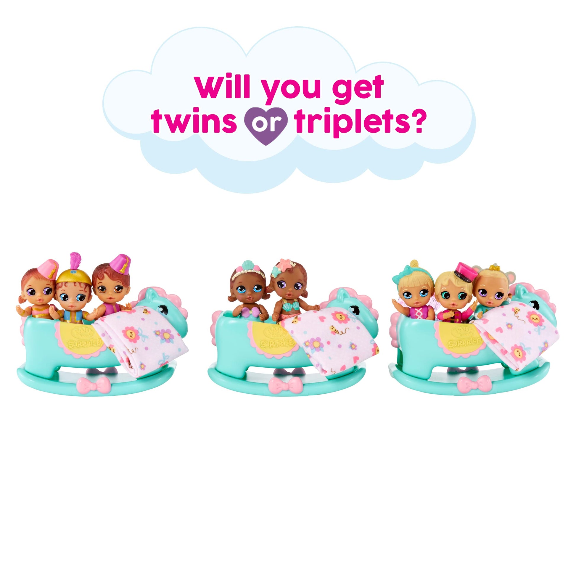 Baby Born Surprise Mini Babies 2.25" - Unwrap Surprise Twins or Triplets Collectible Baby Dolls with Soft Swaddle, Blanket, Rocking Horse, Age 3+