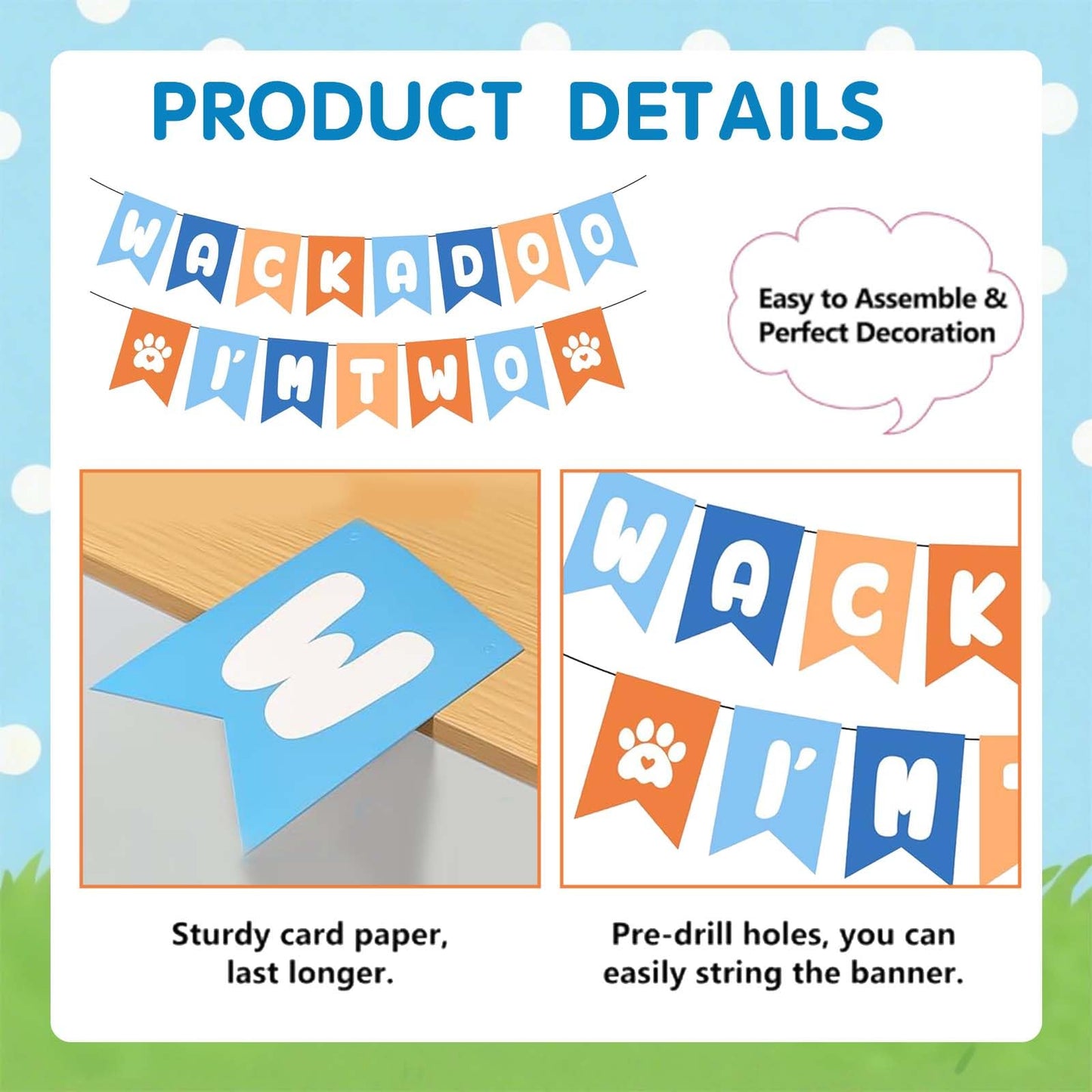 Puppy Themed 2nd Birthday Decorations Banner, Blue and Orange I'm Two Party Garland, Pre-Strung Dog Birthday Banner for Boys/Girls