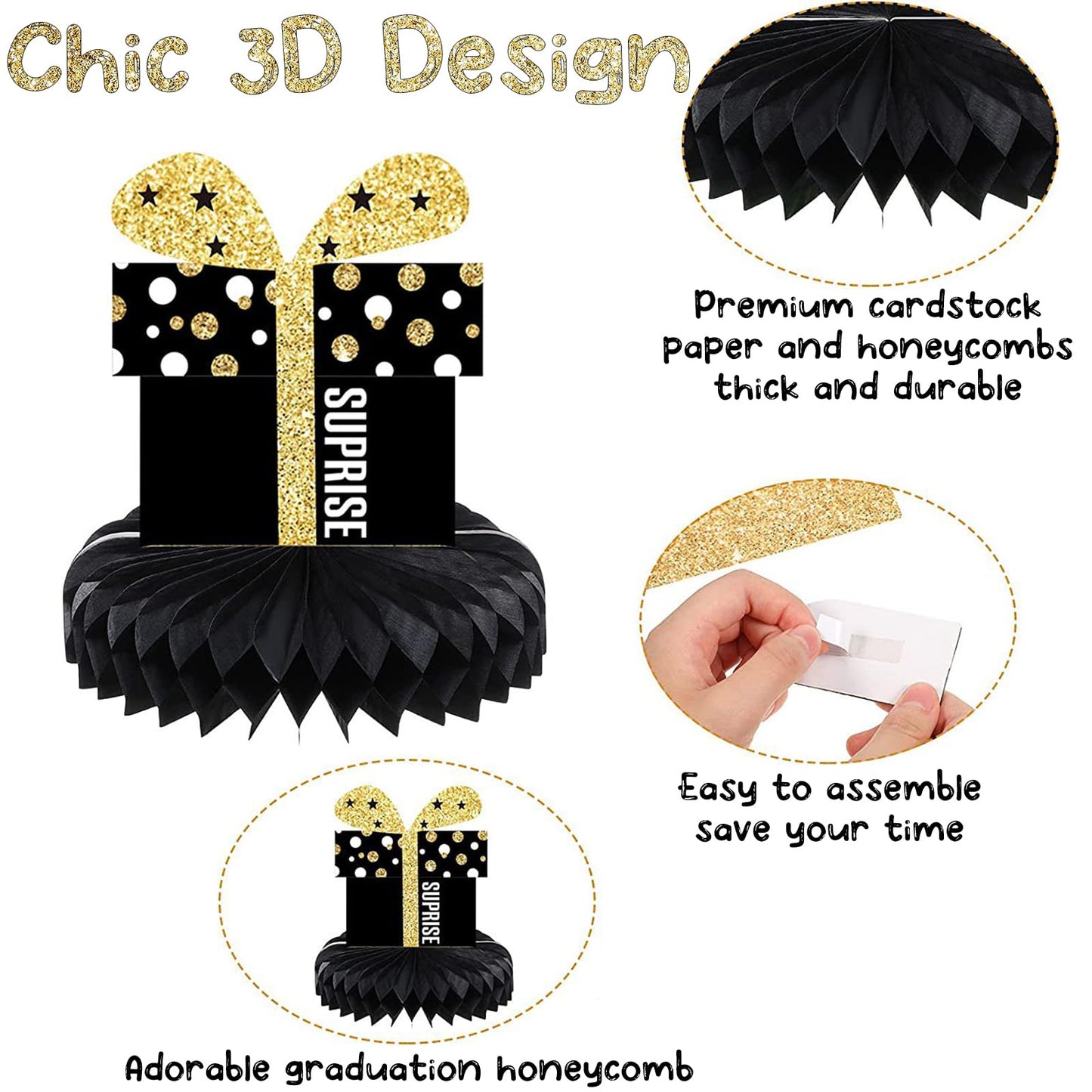 8 Pieces Happy Birthday Supplies Set,Black Gold Birthday Themed Honeycomb Centerpiece,Birthday Party Table Decoration for Adults Kids