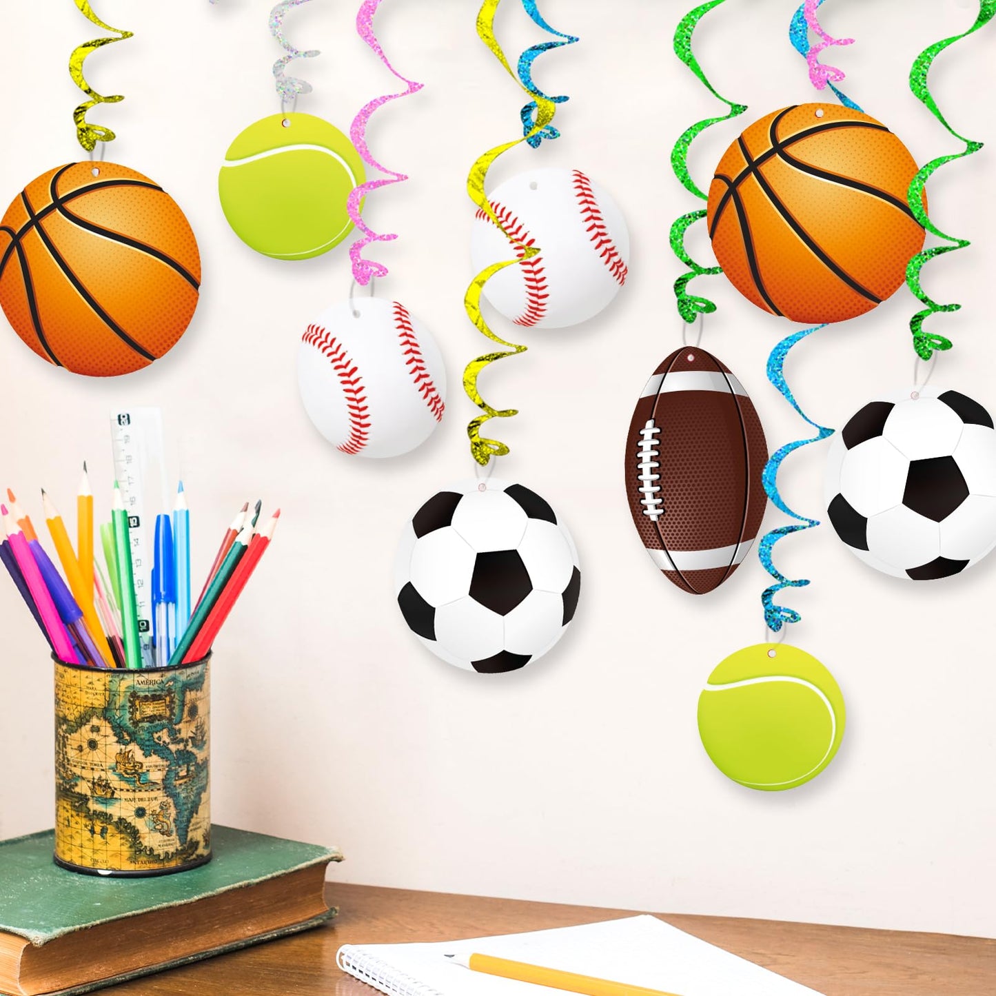 MoShining Sports Hanging Swirls Banner Decor 60 Pieces Foil Ceiling Hanging Swirls Streams Banner Decorations Garland for Kids Sport Celebrating