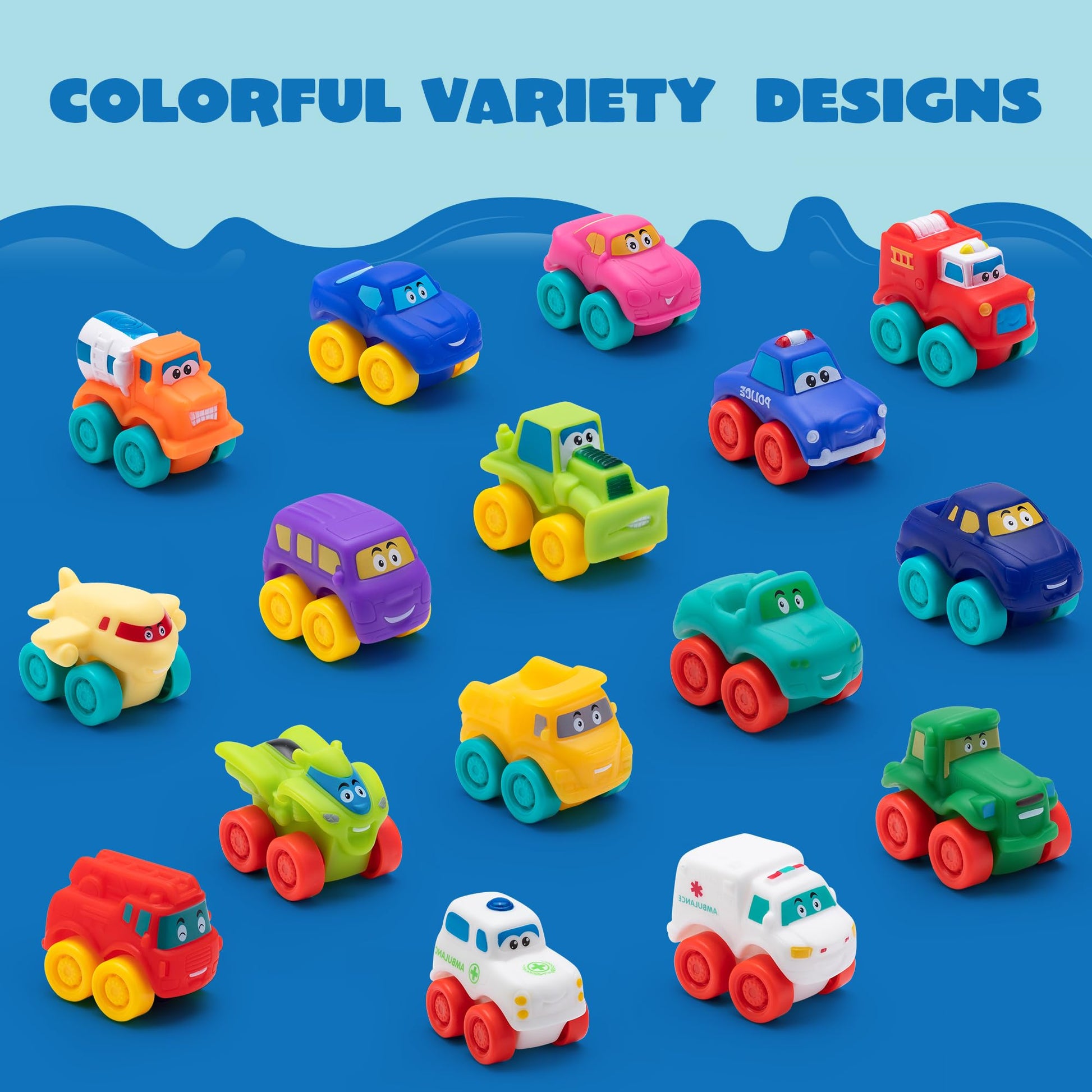 JOYIN Cartoon Cars, Soft Rubber Toy Car Set, Mini Vehicles, Bath Toy Car for Toddlers, Christmas Great Gift for Boys and Girls, Summer Beach and Pool