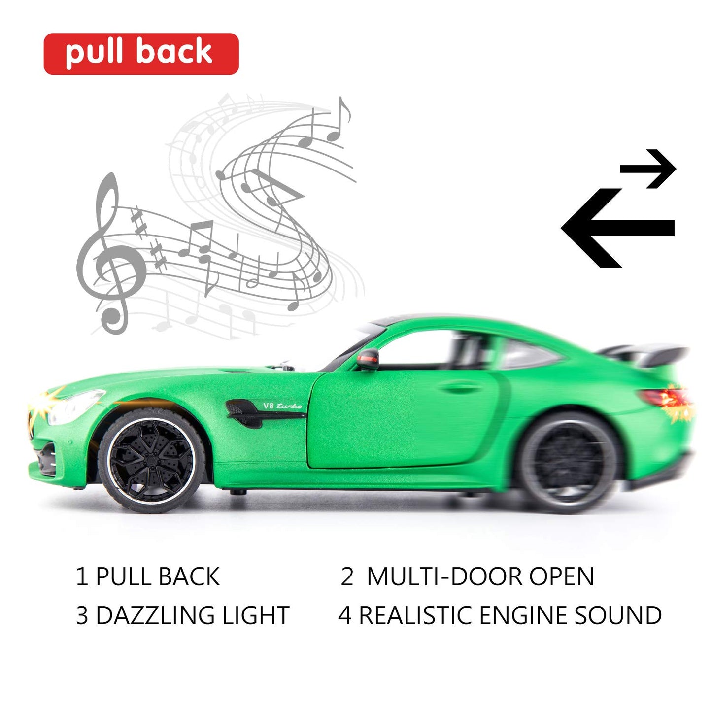 BDTCTK 1/24 AMG GTR Toy Cars Model Car, Zinc Alloy Pull Back Toy car with Sound and Light for Kids Boy Girl Gift (Green)