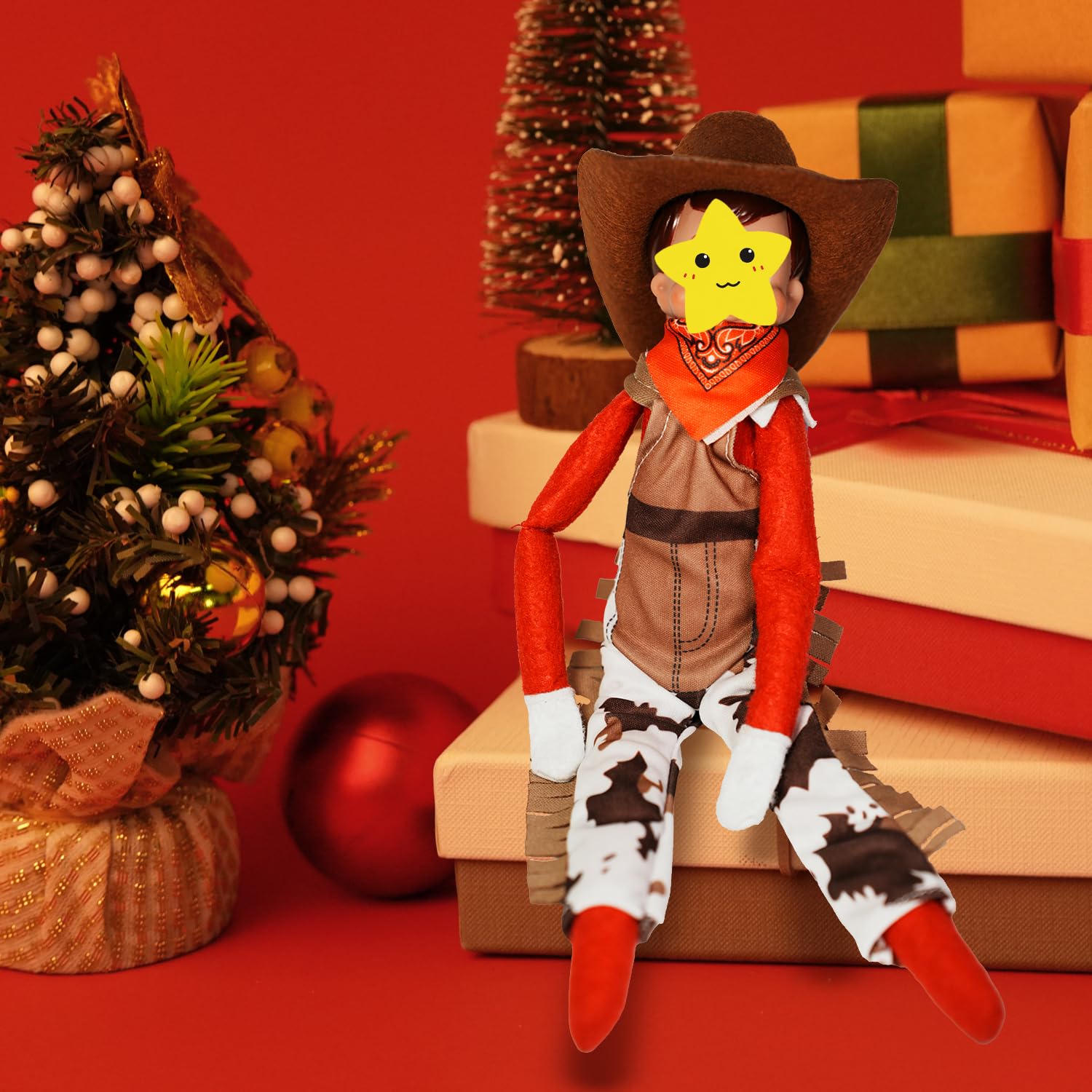 Western Cowboy Outfit Clothes 3PCS Set for Elf Doll Overall Suit Clothing Dress up Accessories Including Hats, Scarf,Overall