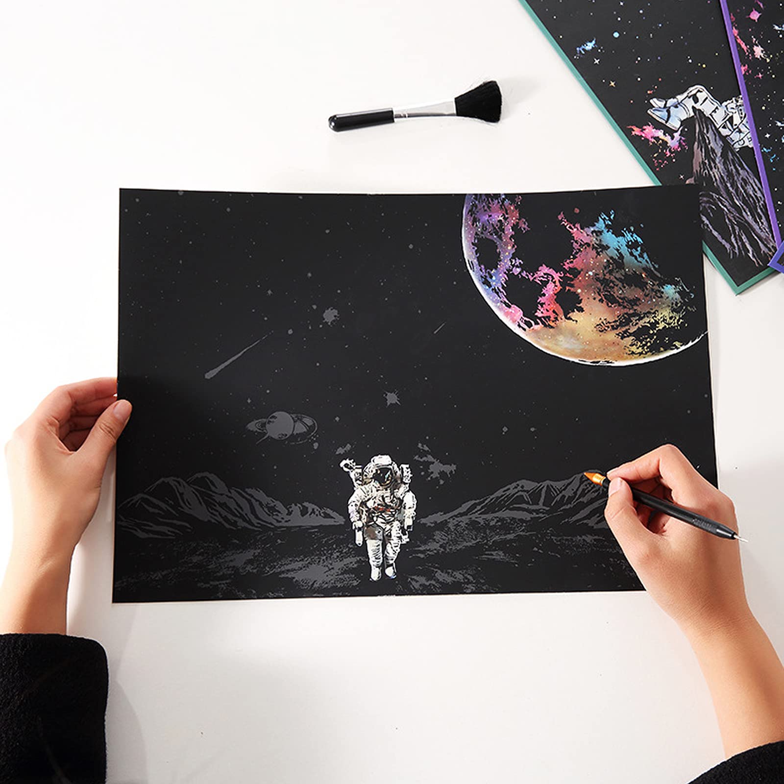 Space Series Scratch & Engraving Art Paper Kit (16"x11.2") for Teens & Adults - Rainbow Sketch Cosmos Astronaut Starry Sky Painting Painting