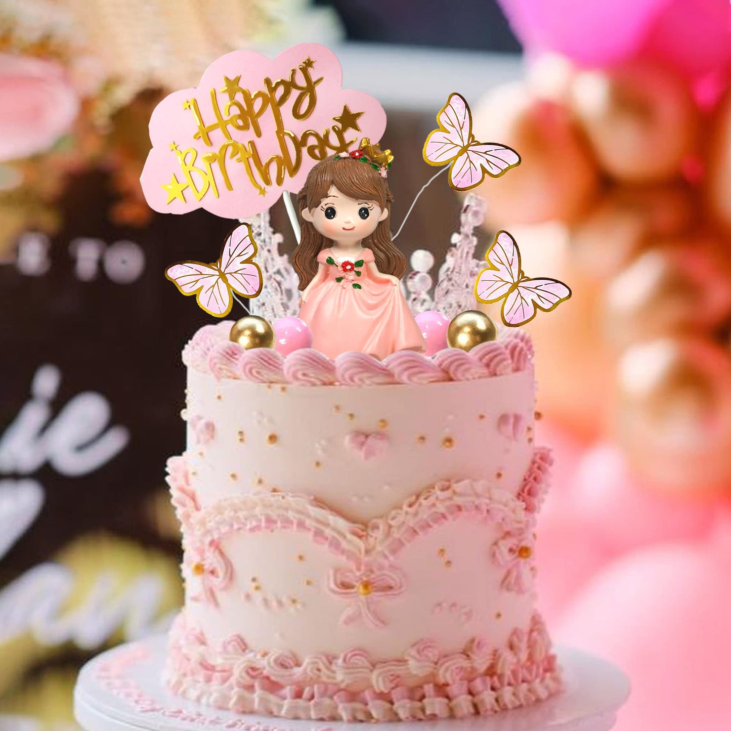19 PCS Princess Cake Topper Castle Cake Decoration with Butterflies and Balls for Princess Birthday Supplies (Pink)