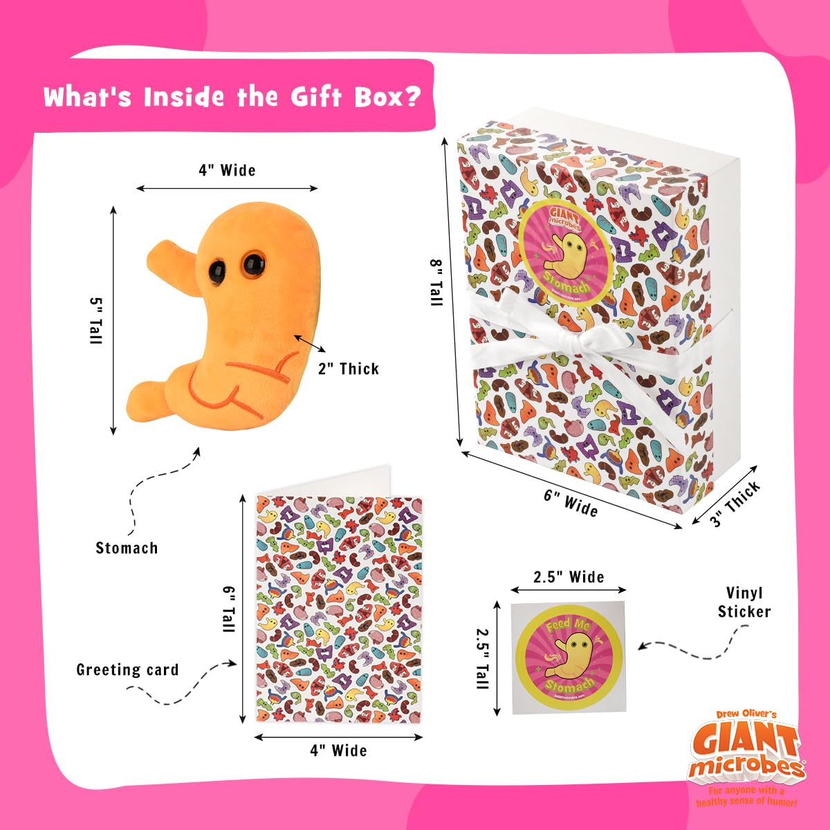 GIANT MICROBES Stomach Plush Gift Set - Includes Plush, Greeting Card and Sticker - Bariatric Surgery Gifts, Gastric Sleeve & Gastric Bypass Gift