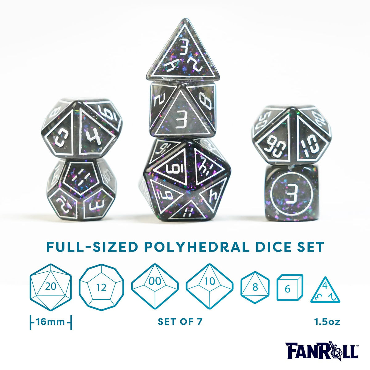 FanRoll 16mm Resin Poly DND Dice Set: Framed Void, Role Playing Game Dice for Dungeons and Dragons