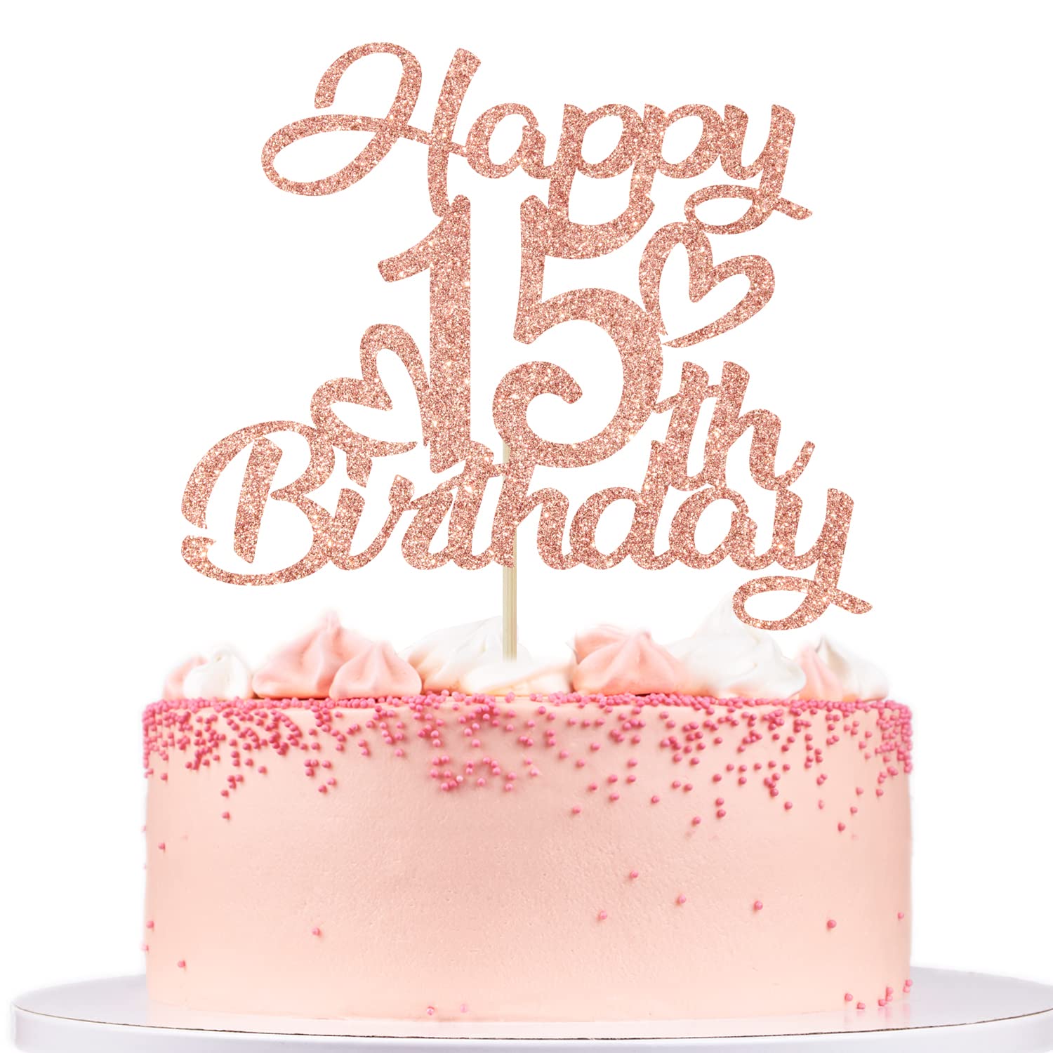 Unoggsor Rose Gold Glitter Happy 15th Birthday Cake Topper - Hello 15, Cheers to 15 Years, 15 & Fabulous, 15th Birthday/Anniversary Party Decorations