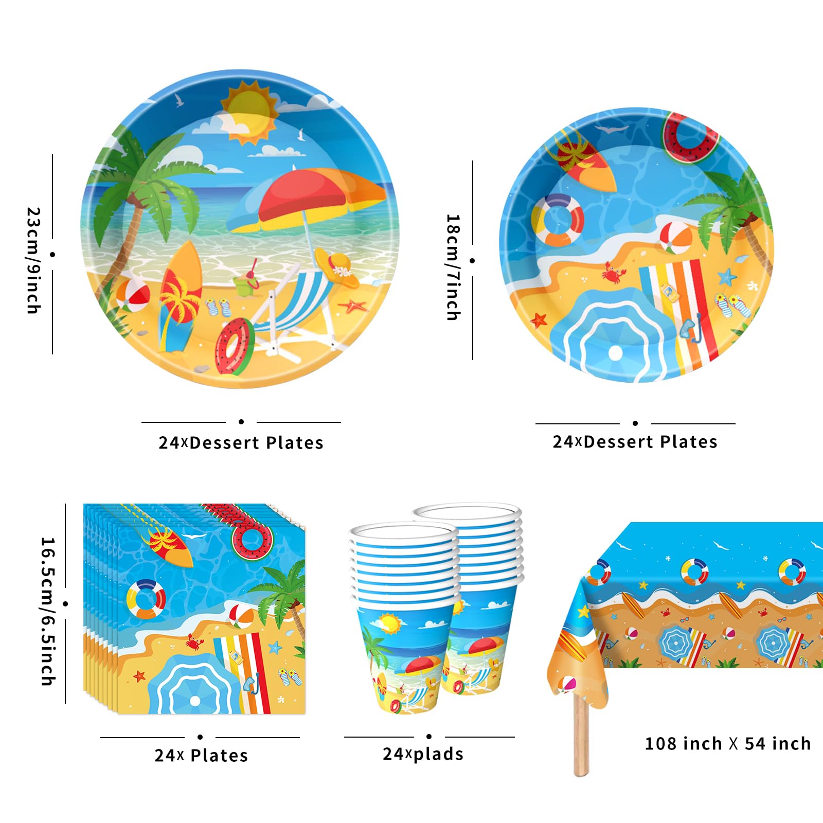 Beach Party Decorations Set Includes Plates, Napkins, Cups and Tablecloth for Beach Themed Party Decorations, Serve 24