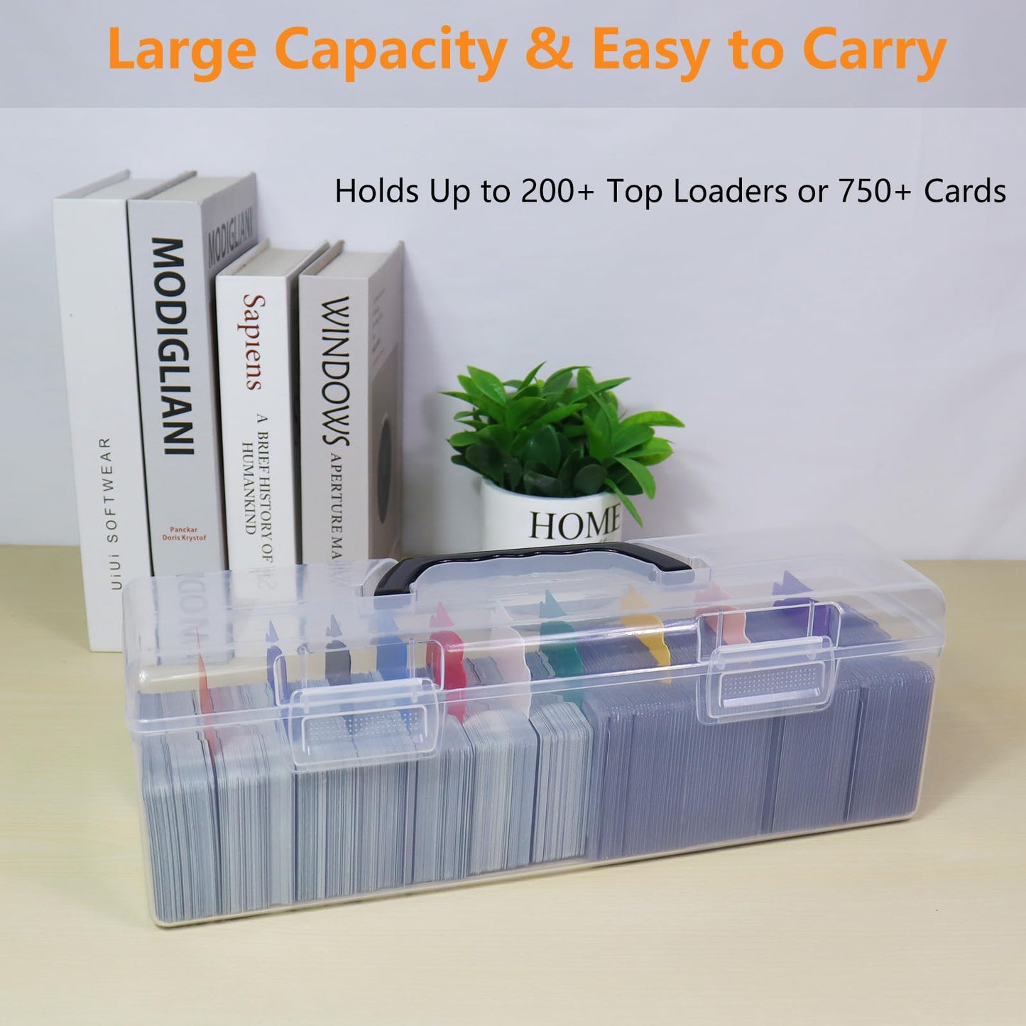 Plastic Trading Card Storage Box, Toploader Baseball Football Sports Card Storage Case with Handle, Clear Playing Card Holder, Holds Up to 200
