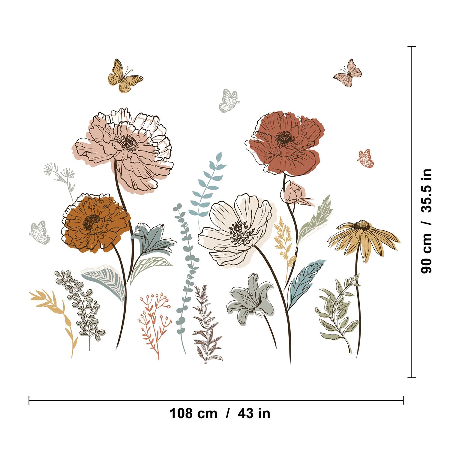Large Boho Flower Wall Decals, Floral Grass and Butterfly Wall Stickers for Bedroom Living Room Decor Gifts for Mom
