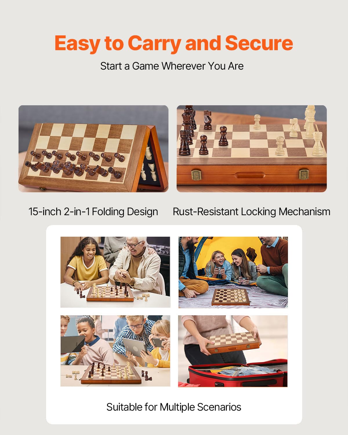VEVOR 15-inch Magnetic Wooden Chess Set, 2-in-1 Folding Chess and Checkers Game for Adults and Kids, Portable Travel Chess Set with 2 Queens, Ideal