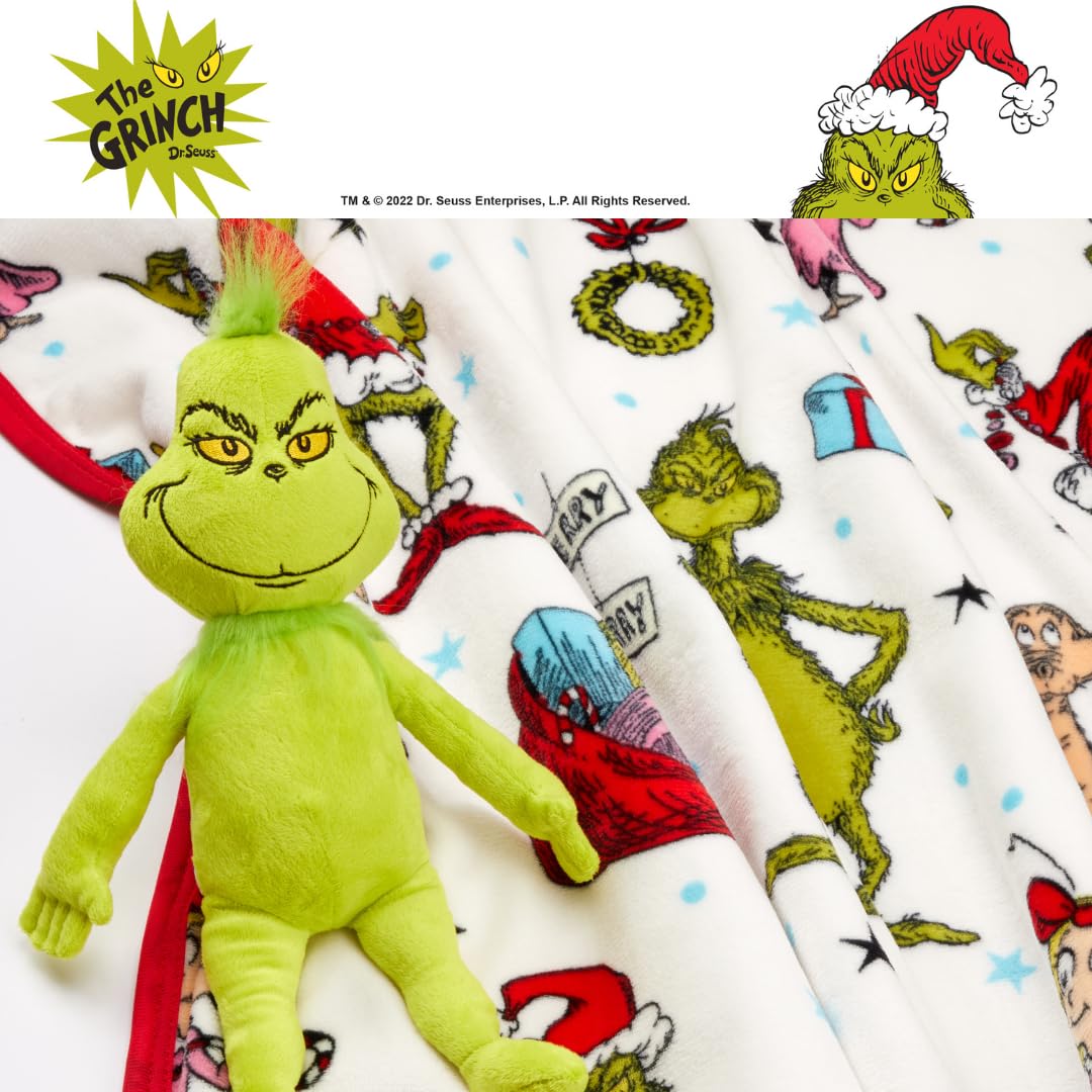 Dr. Seuss The Grinch Holiday & Christmas Kids Bedding Super Soft Plush Pillow and Throw 2 Piece Set, 40 in x 50 in (Officially Licensed Product) By