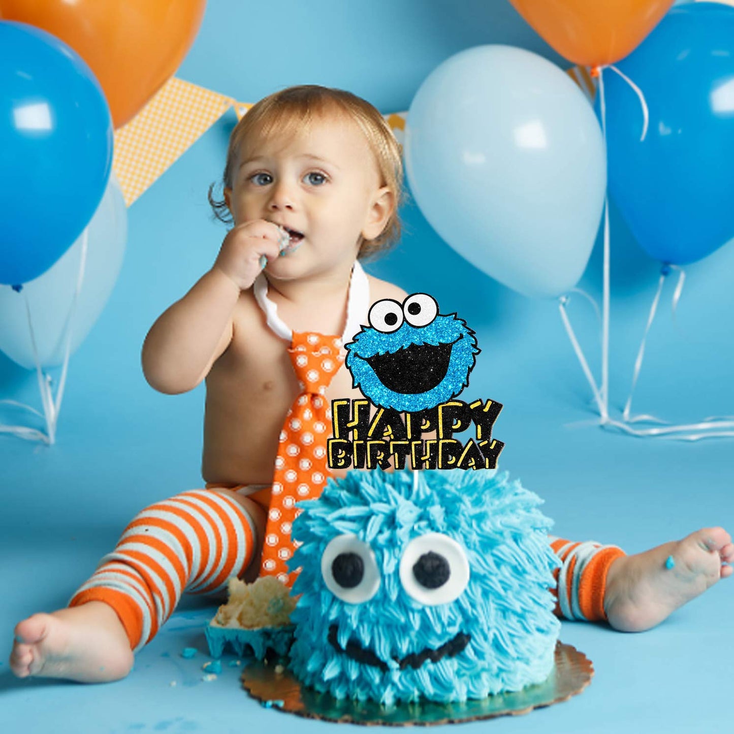 Cookie Monster Happy Birthday Cake Topper - Blue Glitter Happy Birthday - Birthday Party Cartoon Decorations Supplies - Cake Decoration for Girls or