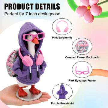 Embewhis Outfits for 7" Desk Goose - 5-Piece Pastel Dream Set: Purple Hoodie, Floral Backpack, Pink Headphones, and 2 Pairs of Frame Glasses - Y2K