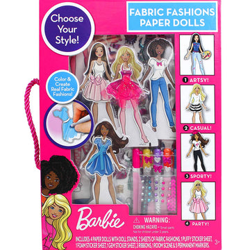 Barbie: Fabric Fashions Paper Dolls - Design Playset, 4 Dolls & Stands, Mix & Match Adhesive Outfits, Stickers-Gems-Ribbon, Storage Package, Kids 3+