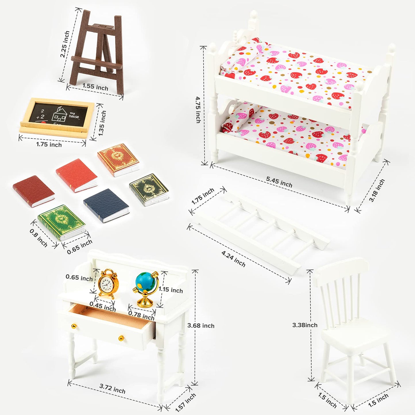 SAMCAMI Miniature Dollhouse Furniture 1 12 Scale - Wooden Dollhouse Bed Set - Doll House Furniture Toys Incl Doll Bed, Desk, Books, blackboards