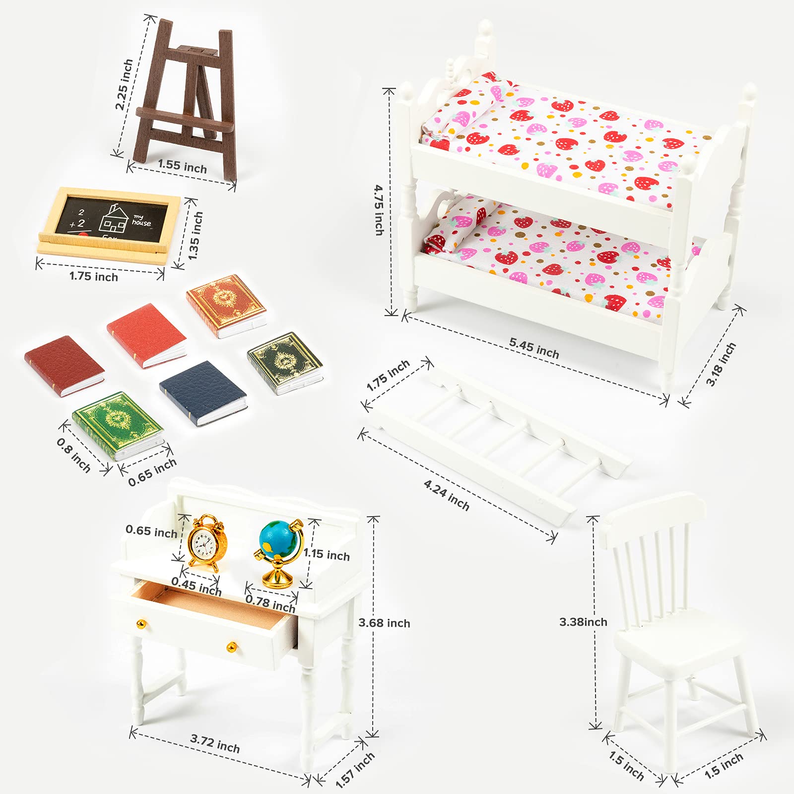 SAMCAMI Miniature Dollhouse Furniture 1 12 Scale - Wooden Dollhouse Bed Set - Doll House Furniture Toys Incl Doll Bed, Desk, Books, blackboards