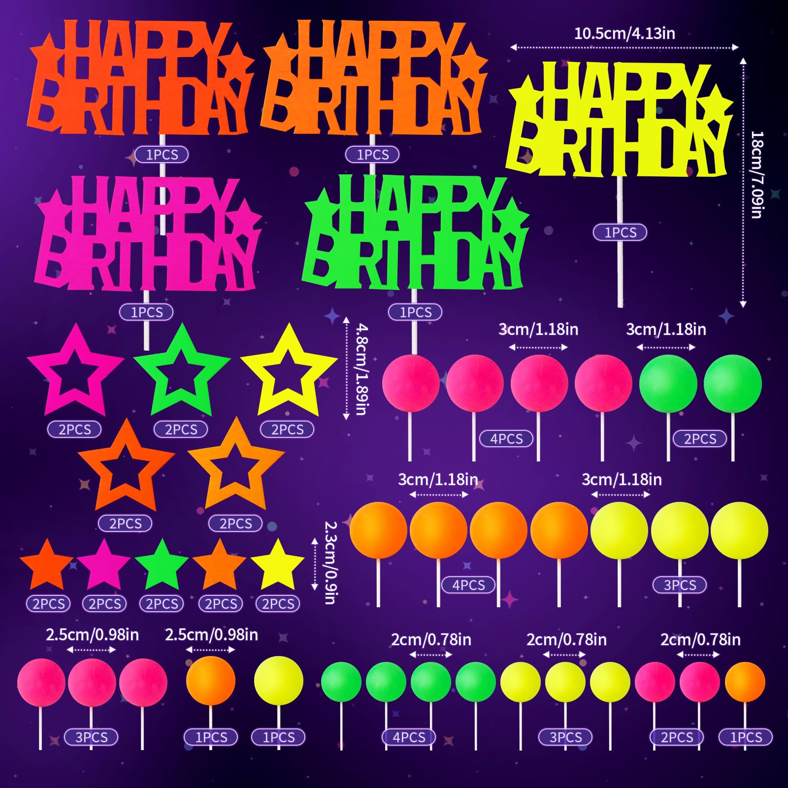 53pcs Neon Cake Decorations Glow Cake Toppers with Ball Star and Happy Birthday Toppers UV Reactive Party Decorations for Neon Cakes Black Light