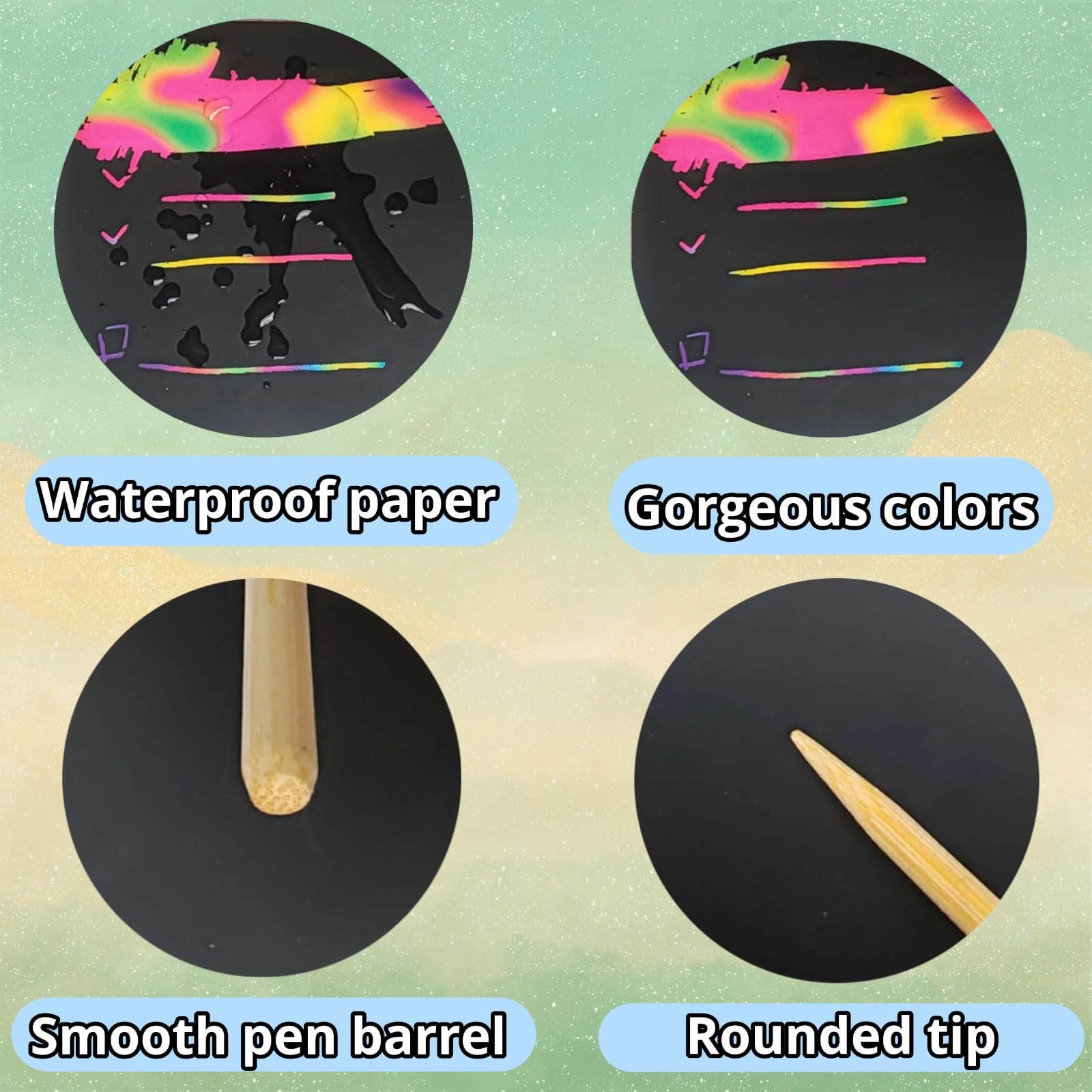 wiwbbitl 240 Scratch Paper for Kids with 26 Bamboo Styluses | Mess Free Scratch Paper Kit | Fun Classroom Crafts Activity &Creative Party Gifts (Ages
