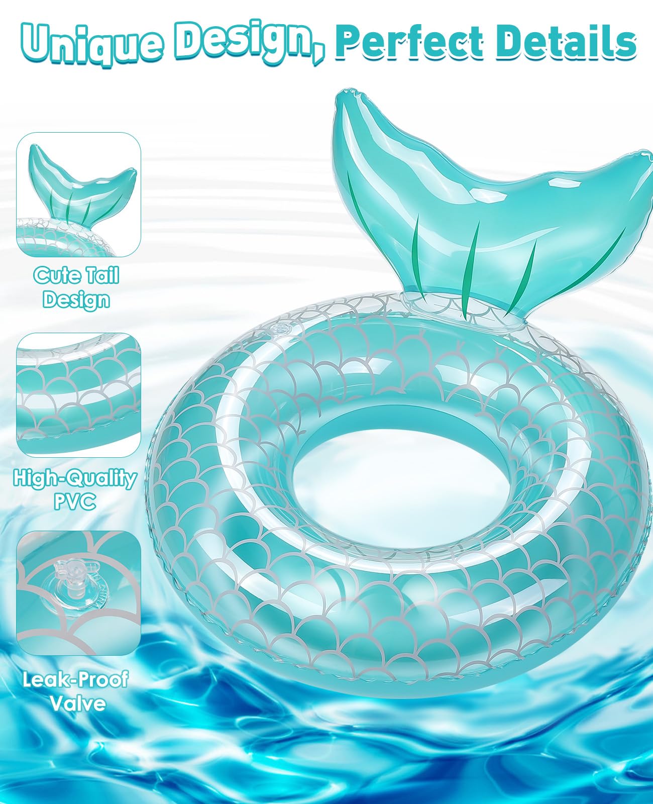HeySplash Pool Floats Kids, Inflatable Swimming Rings Mermaid Tail Shaped