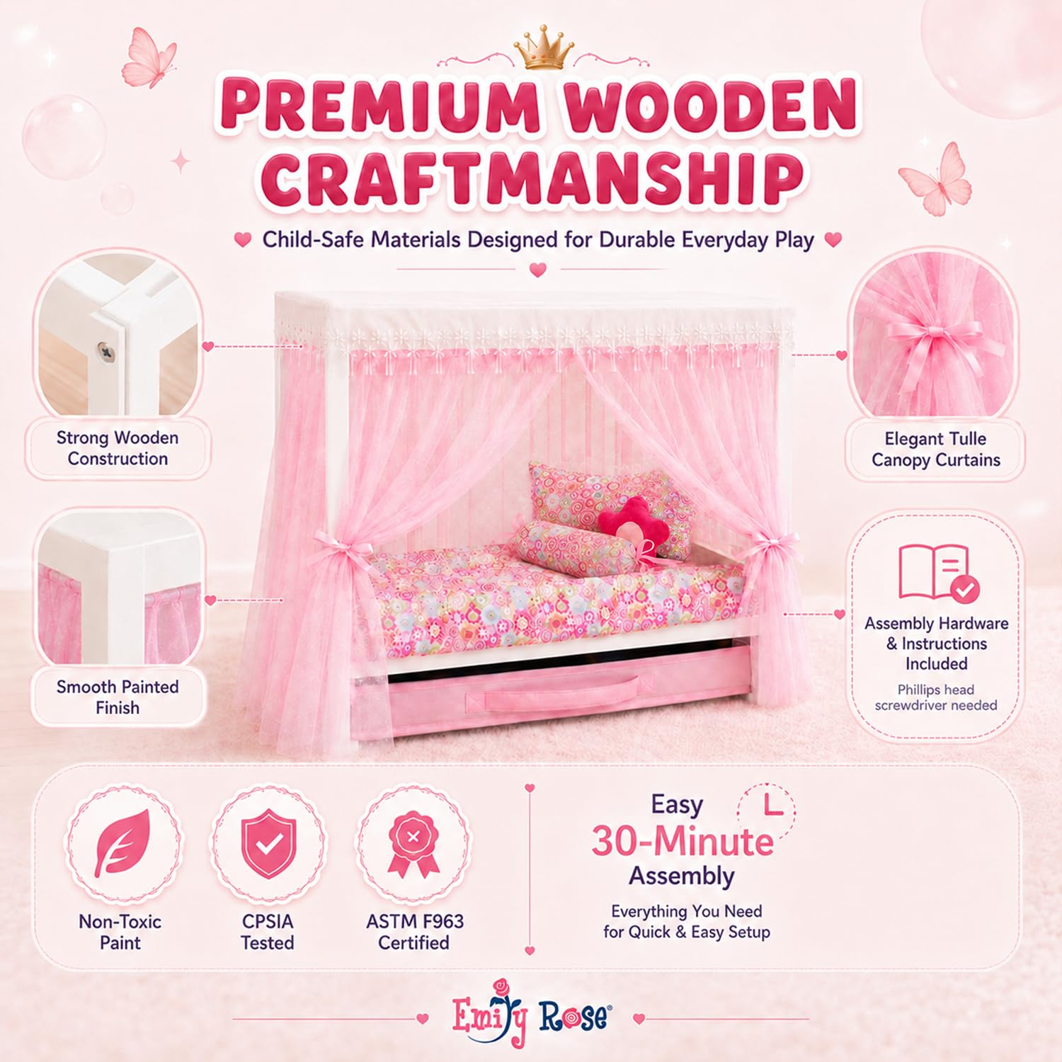 Emily Rose 18" Doll Princess Canopy Bed - White Wood with Pink Curtains