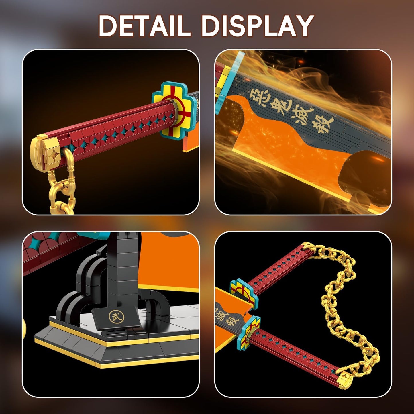 GHQYTPR Anime Dual Cleaver Building Set - 1478 Pieces Sound Ninja Sword Model with Golden Chain 82 Inch Huge Nichirin Style Weapon Flashy Cosplay Prop