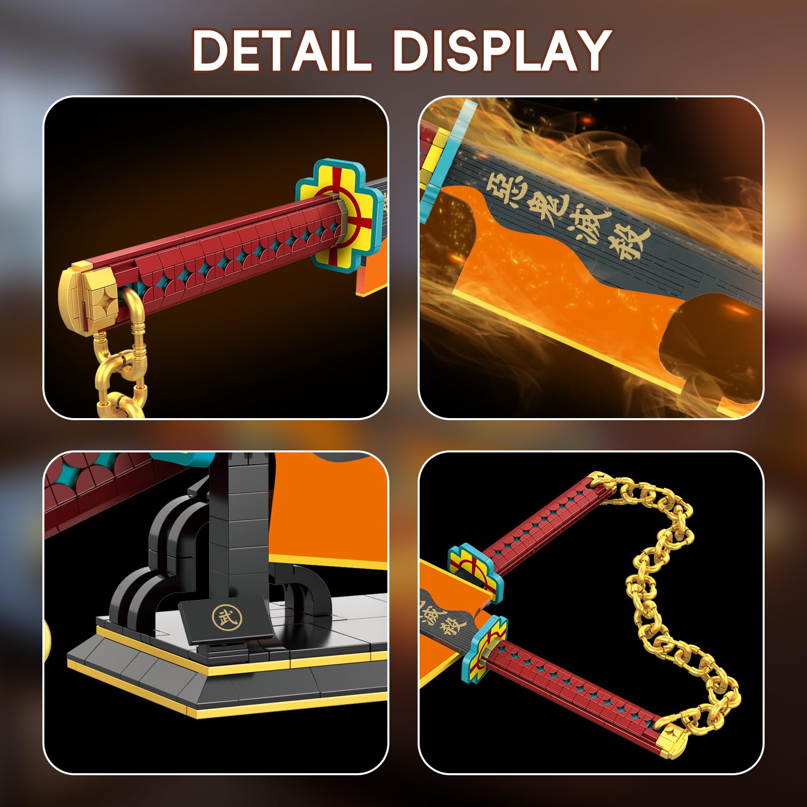 GHQYTPR Anime Dual Cleaver Building Set - 1478 Pieces Sound Ninja Sword Model with Golden Chain 82 Inch Huge Nichirin Style Weapon Flashy Cosplay Prop