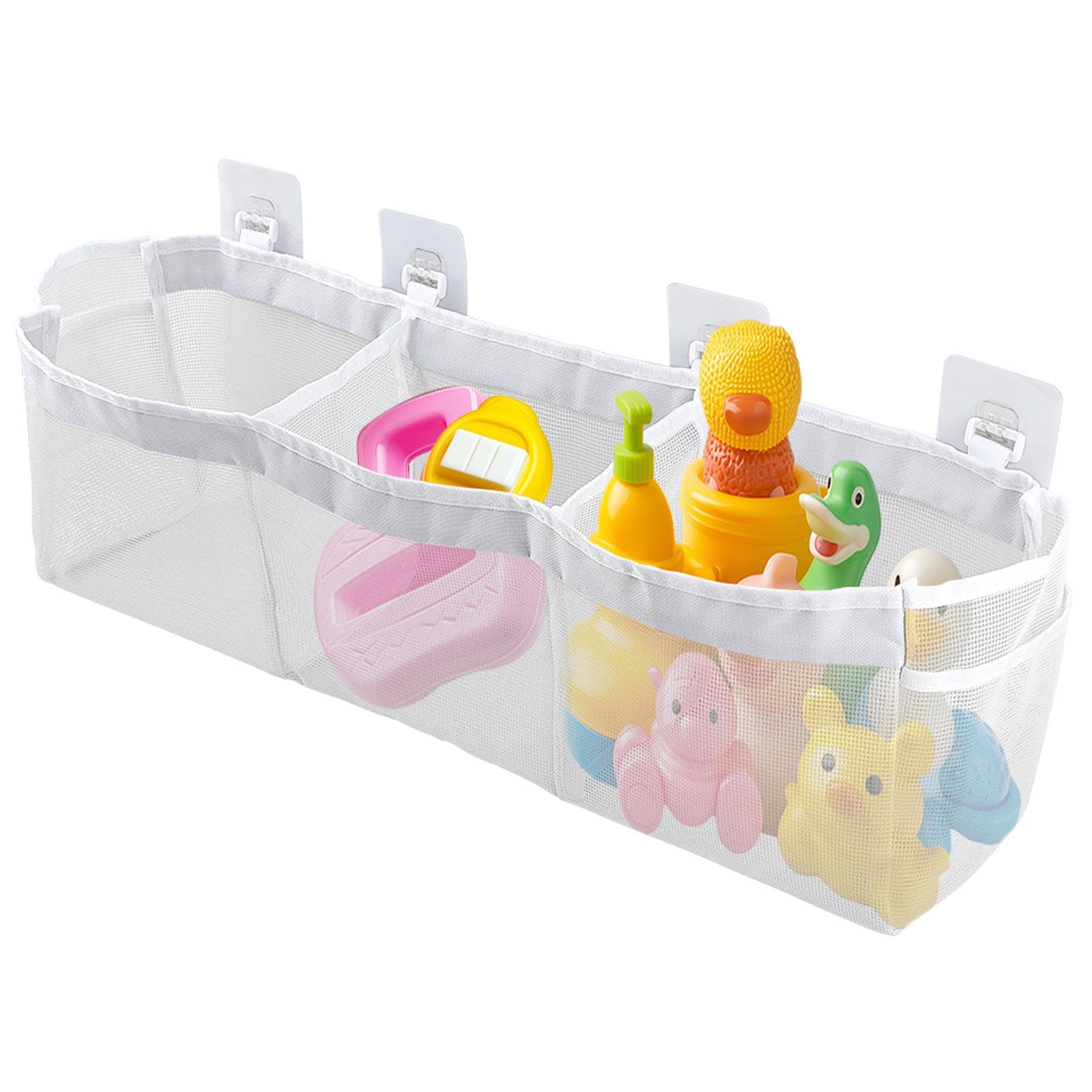 JIANWEI Bath Toy Organizer, 3 Compartment Bathtub Toy Storage Bag, Quick Access Bath Toy Holder with 4 Hooks, Mesh Shower Caddy Practical Supplies