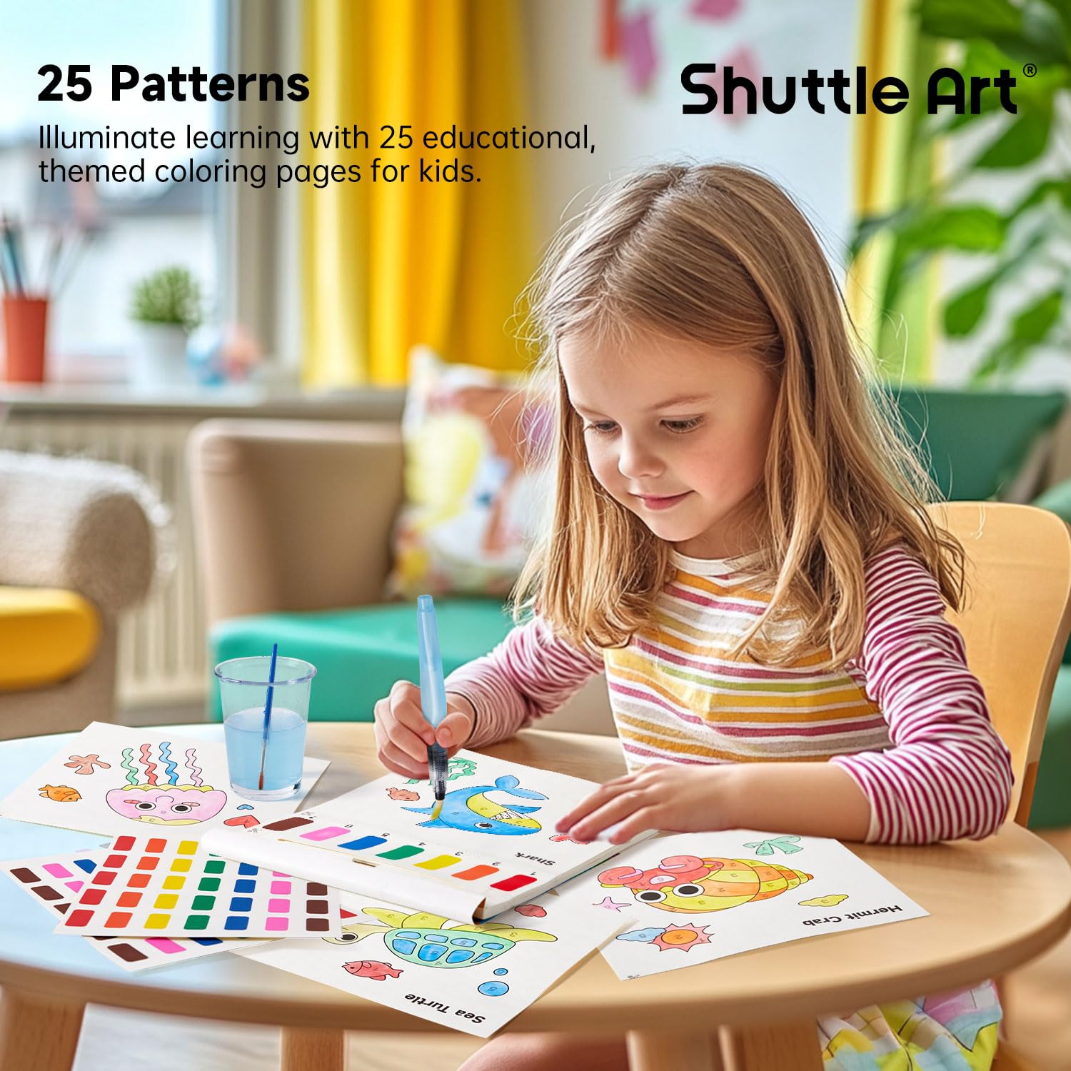 Shuttle Art Paint with Water Coloring Book for Kids, 25 Sea World Themed Pages with 2 Brushes, Mess-Free Watercolor Paint Set, Travel-Friendly Art