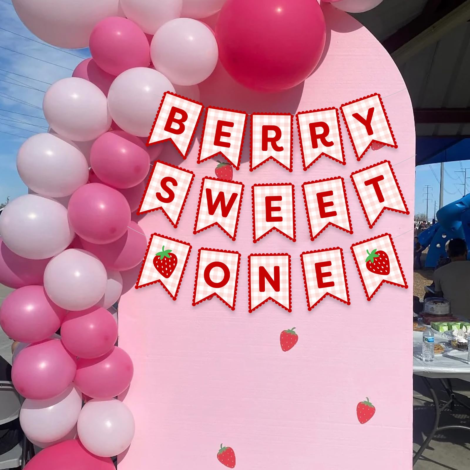 Berry Sweet One Birthday Banner Girl 1st Strawberry Party Decoration Red Pink Gingham Hanging Supplies