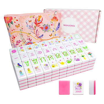 Portable Pink Mahjong Set 160 Premium Melamine Tiles, Engraved American Mahjong Game with Carrying Bag&3 Dice Compact 0.9” x 1.18” x 0.5” Tiles