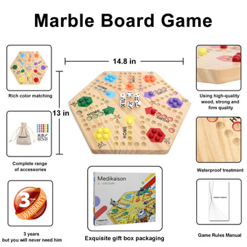 Medikaison Original Marble Game Wahoo Board Game Double Sided Painted Wooden Fast Track Board Game for 6 and 4 Players 6 Colors 24 Marbles 6 Dice