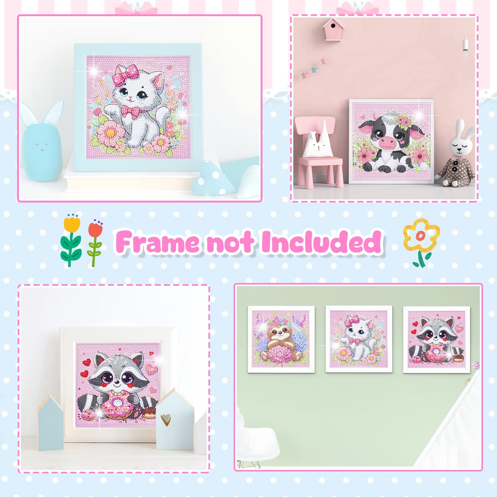 Diamond Art Kits for Kids, 4 Pieces Cartoon Animals Diamond Painting Kits for Adults Beginner, 5D Full Round Drill Gem Art Arts and Crafts for Kid