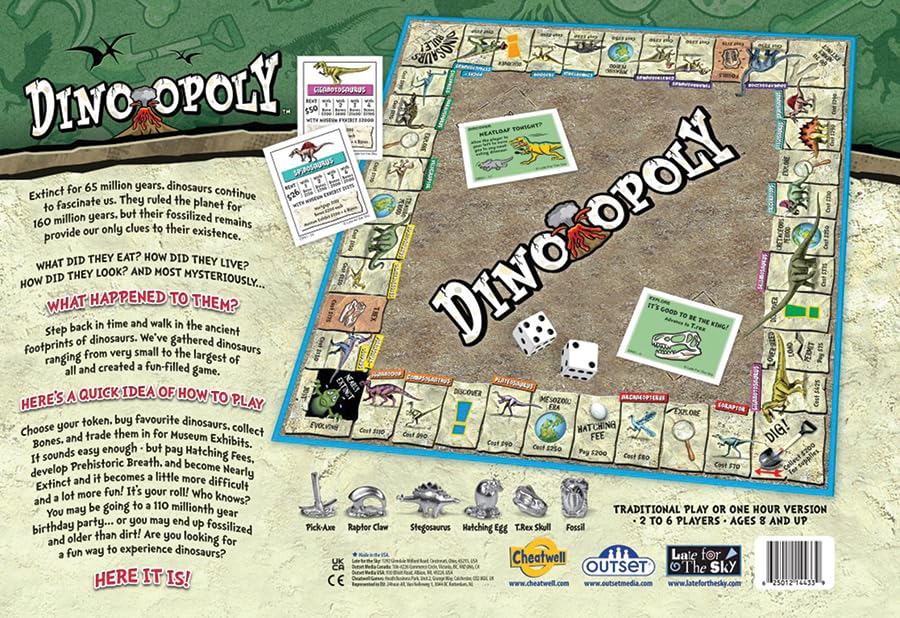 Dino-Opoly Board Game - A Property Trading Game 150 Million Year in The Making! - for 2 to 6 Players Ages 8 and up