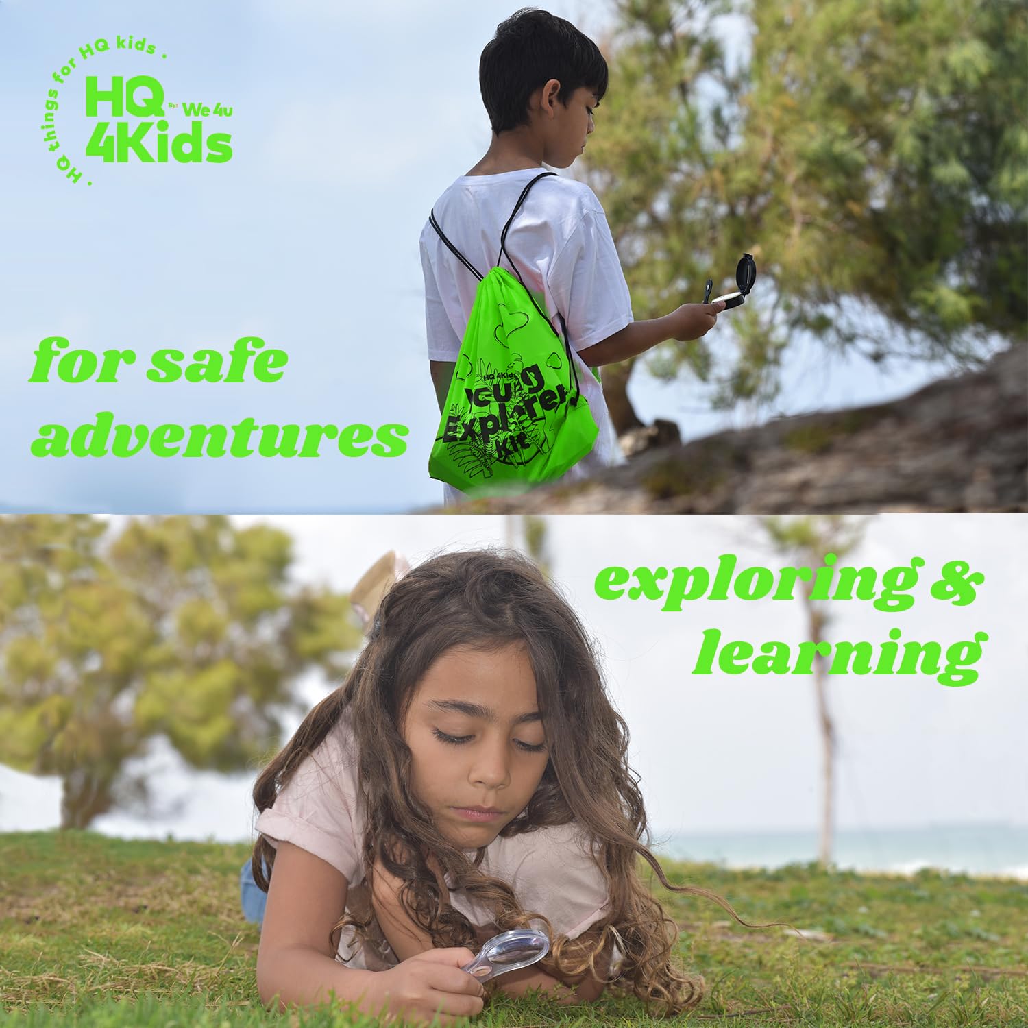 HQ 4KIDS BY: WE 4U - Outdoor Adventure Kit for Kids: Binoculars, Compass, Magnifying Glass & Flashlight. 3-12 Year Old Boys & Girls (Green) (Green)
