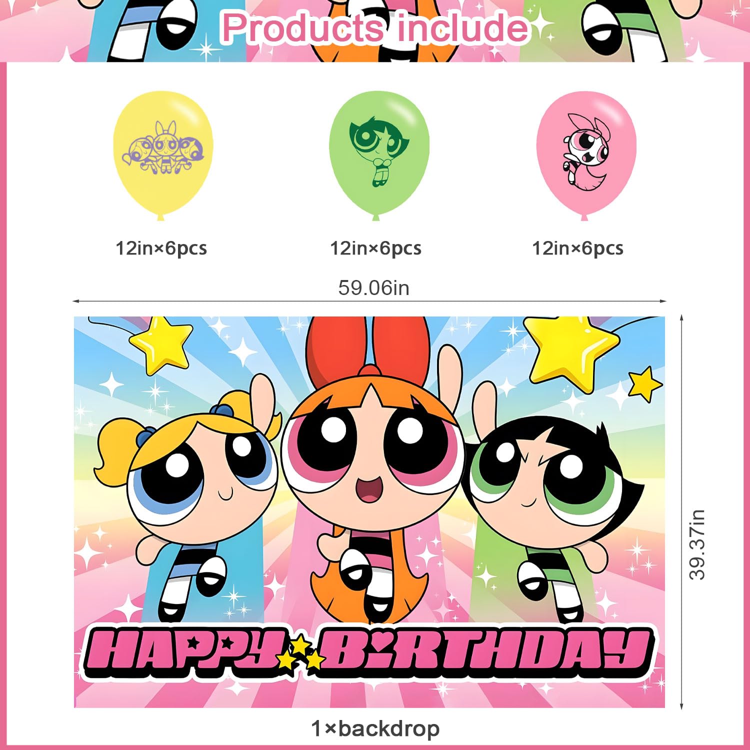Power Girls Birthday Party Decoration,Power Girls Party Photo Background 5 x 3 FT and 18 Pcs Balloon,Merch Party Backdrop Supplies