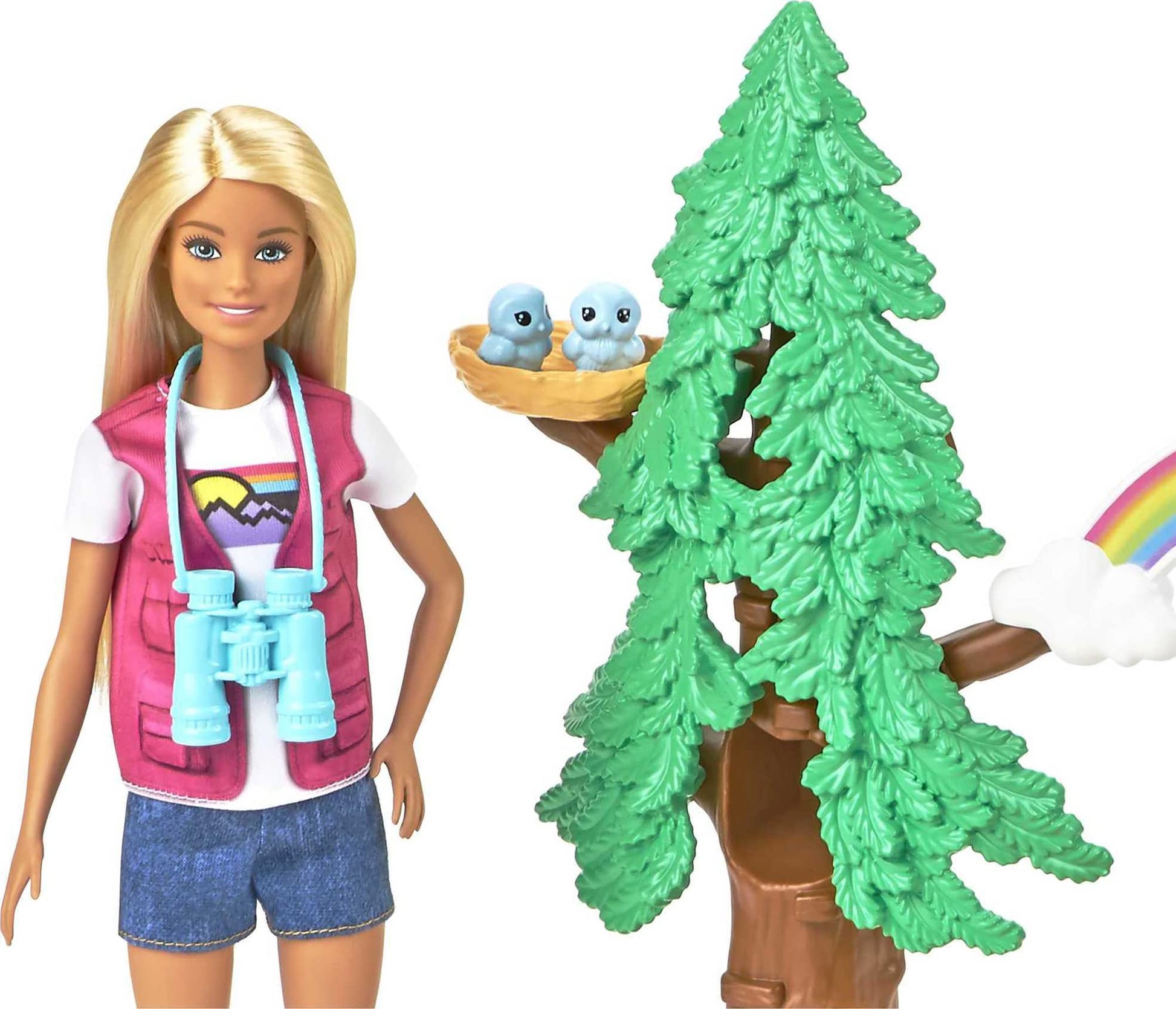 Barbie Wilderness Guide Doll and Playset, Blonde Fashion Doll with 10 Animal Figures, Tree, Rainbow and More