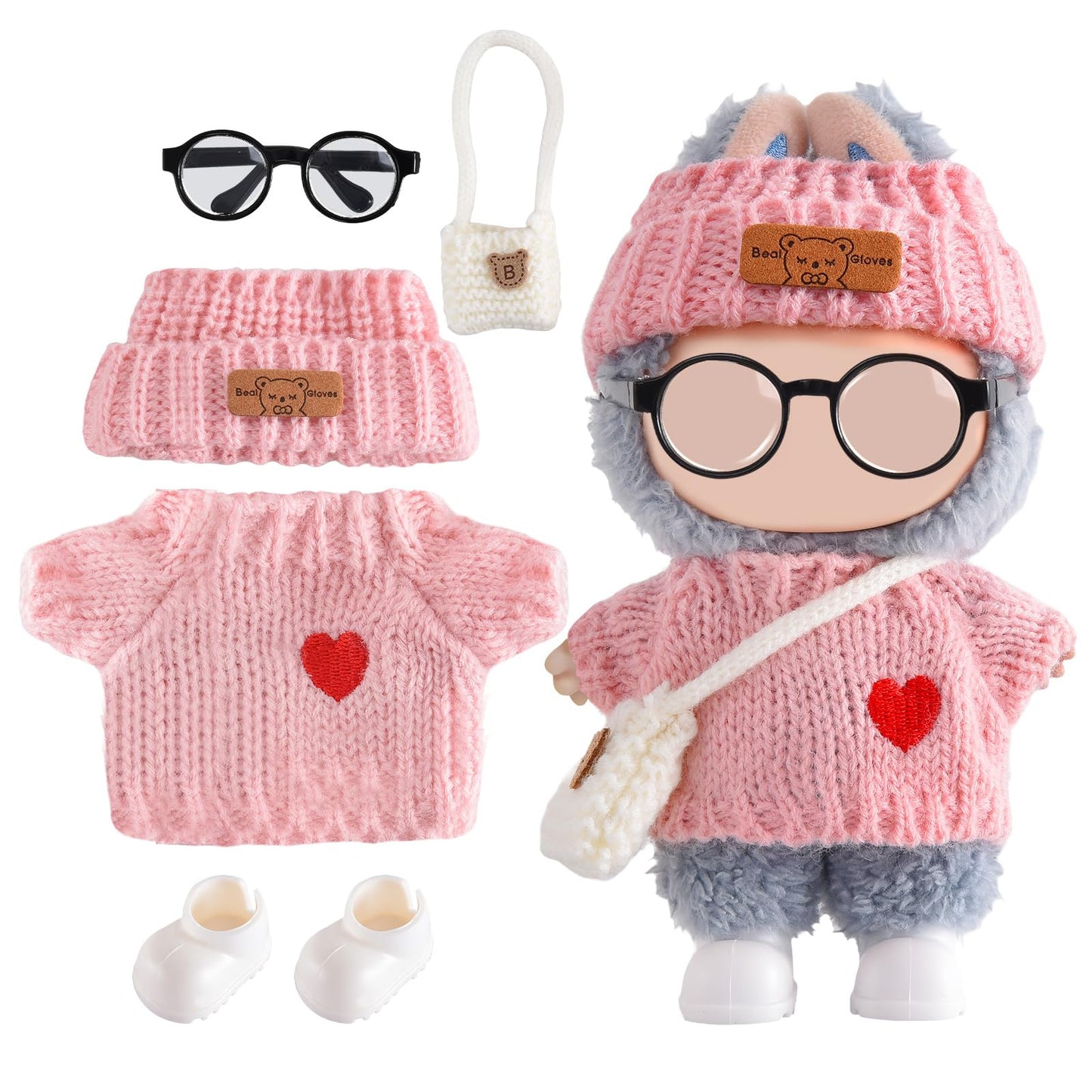 Ciunura Doll Clothing for Labubu, Premium Outfits for Labubu Dressing up, Handcrafted Crochet Doll Accessories for Labubu with Sweater, Hat, Glasses