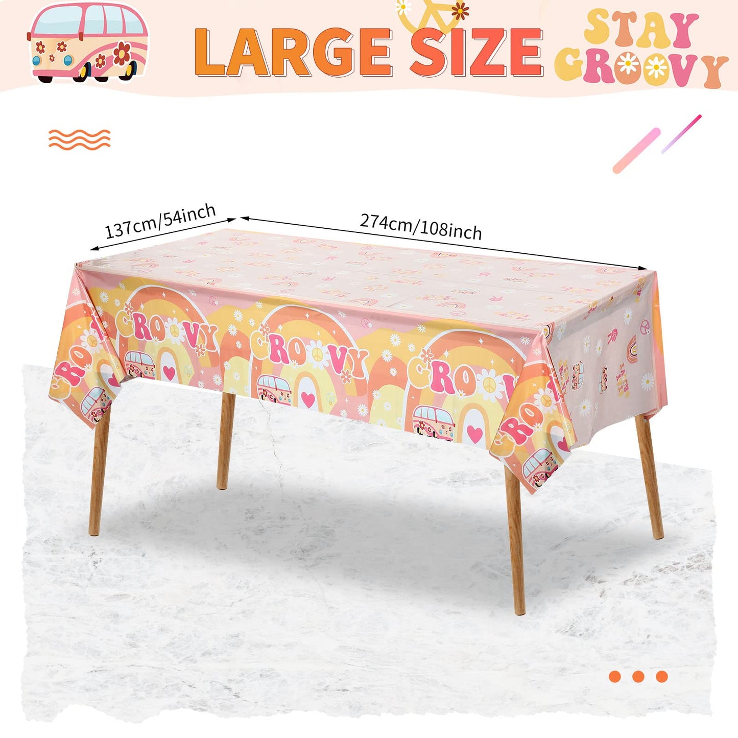 3 Pcs Two Groovy Party Plastic Tablecloths Groovy Retro Hippie Boho Party Decorations Rainbow Daisy Flower Rectangle Disposable Table Cover for Girls