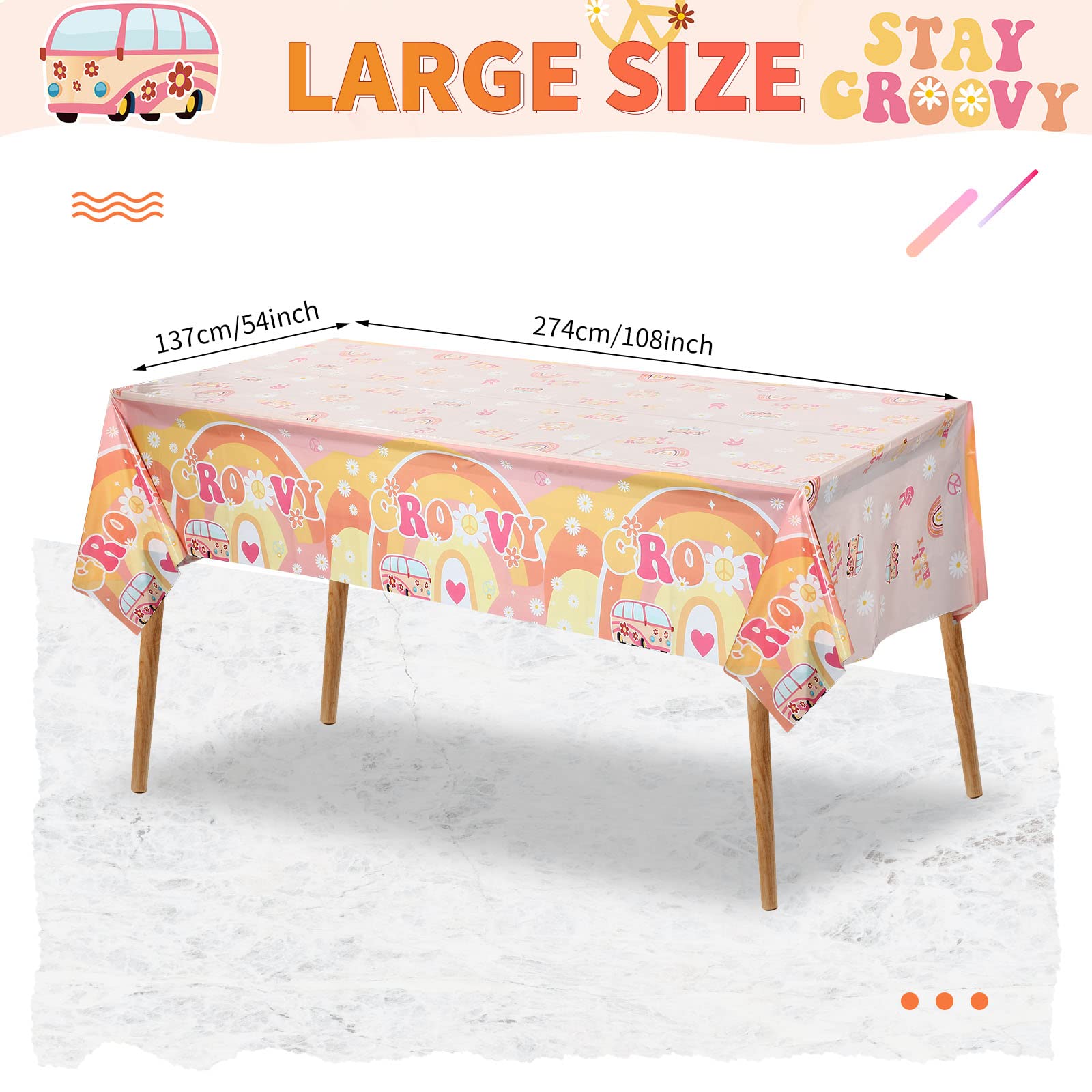 3 Pcs Two Groovy Party Plastic Tablecloths Groovy Retro Hippie Boho Party Decorations Rainbow Daisy Flower Rectangle Disposable Table Cover for Girls