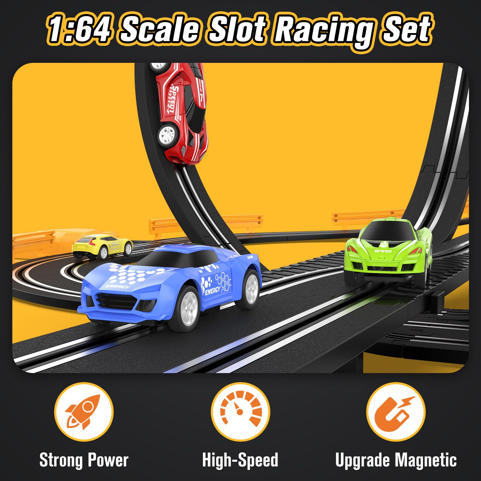 Slot-Car-Race-Track-Sets for Boys Kids, Battery or Electric Race Car Track with 4 High-Speed Slot Cars, Dual Racing Game 2 Hand Controllers Circular
