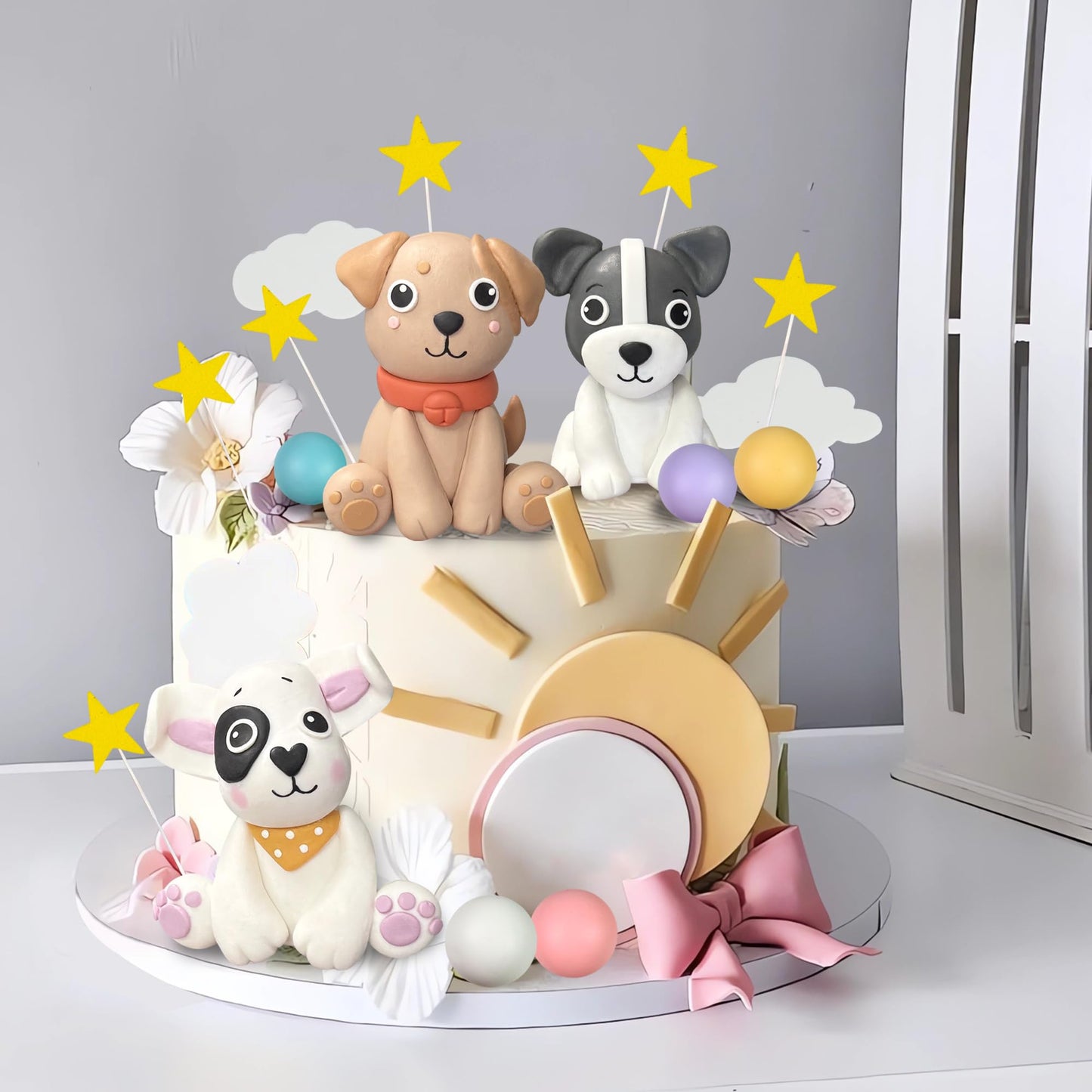 Dog Cake Topper Clay Dog Figurines Star Cloud Ball Cake Toppers Decorations for Dog Theme Paw Cute Pet Decoration Supplies