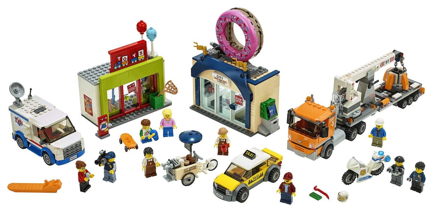 LEGO City Donut Shop Opening 60233 Store Opening Build and Play with Toy Taxi, Van and Truck with Crane, Easy Build with Minifigures for Boys and
